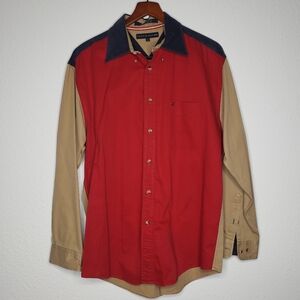 Vtg Tommy Hilfiger Mens Cotton Corduroy Trim Colorblock Button Up Shirt Size L